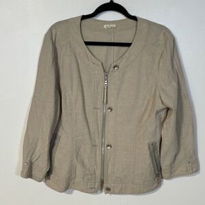 Nic & Zoe Beige Jacket Women’s XL Linen Pockets Zip Closure Shacket Crewneck